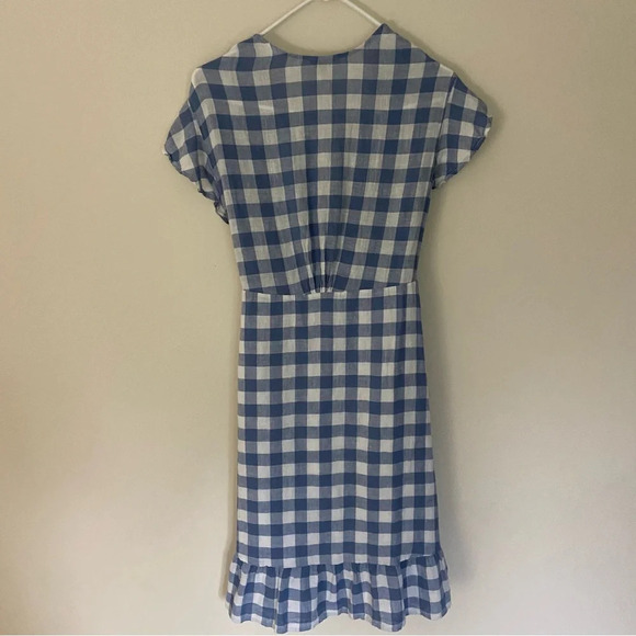 RAILS Brigitte Periwinkle Check Wrap Style Dress Ruffle Linen Blend M Gingham - Picture 4 of 6